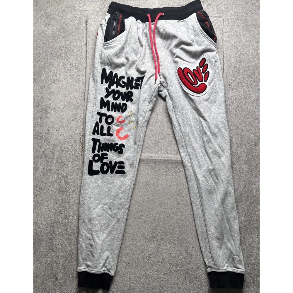 Ron Bass gray graphic streetwear jogger sweatpants embroidered love print‎ XL